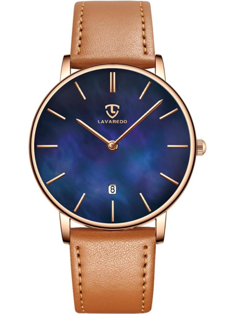 LAVAREDO Men's Orange Blue Minimalist Wrist Watch Leather Strap And Date Display